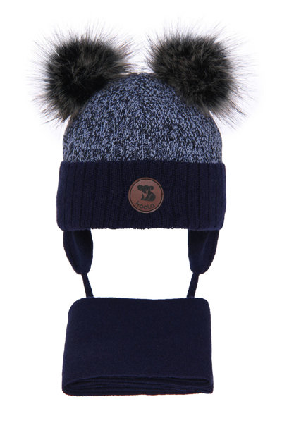 Boy's winter set: hat and scarf navy blue Enrico with two pompom