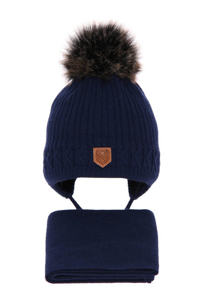 Boy's winter set: hat and scarf navy blue Radison with pompom