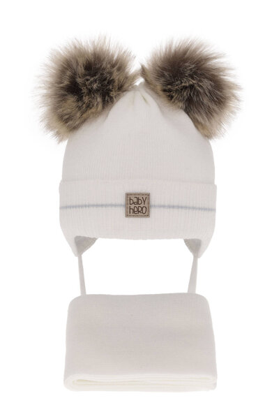 Boy's winter set: hat and scarf white with two pompom Melon