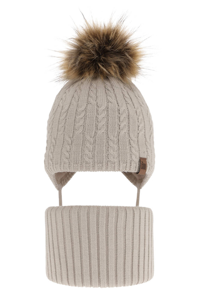 Boy's winter set: hat and tube scarf beige Indigo with pompom