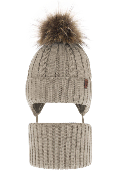 Boy's winter set: hat and tube scarf beige Peter with pompom