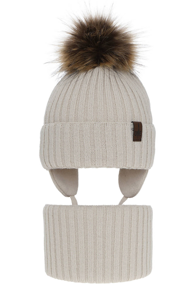 Boy's winter set: hat and tube scarf beige Puzel with pompom