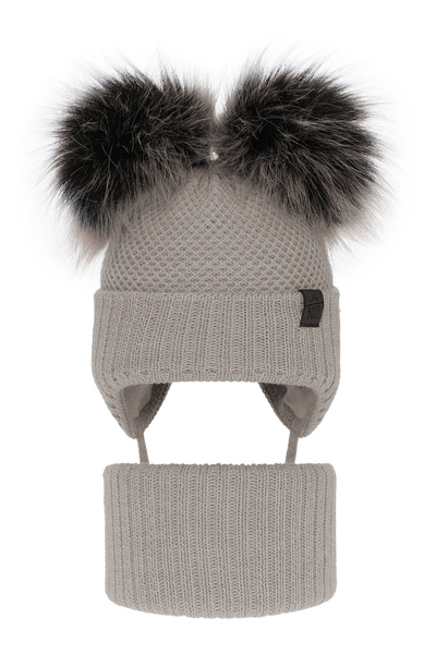 Boy's winter set: hat and tube scarf beige Randel with two pompom