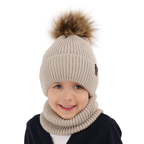 Boy's winter set: hat and tube scarf beige with pompom Modus