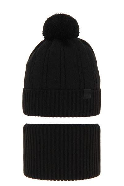 Boy's winter set: hat and tube scarf black Deny with pompom