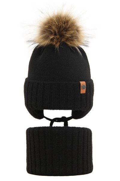 Boy's winter set: hat and tube scarf black Dominik with pompom