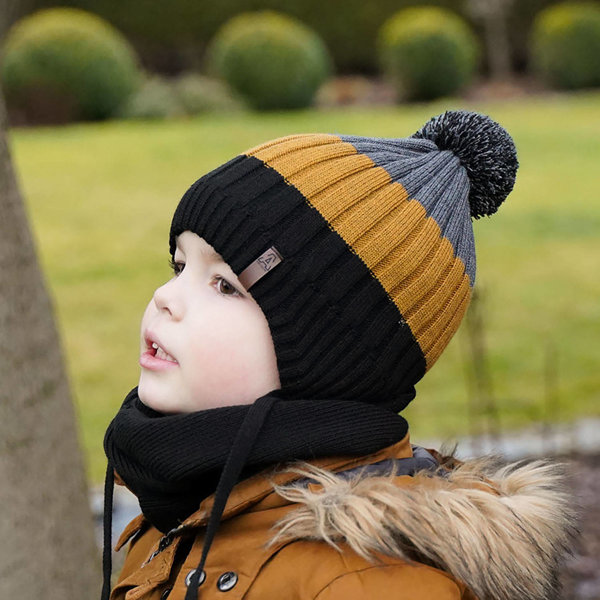 Boy's winter set: hat and tube scarf black Hary with pompom