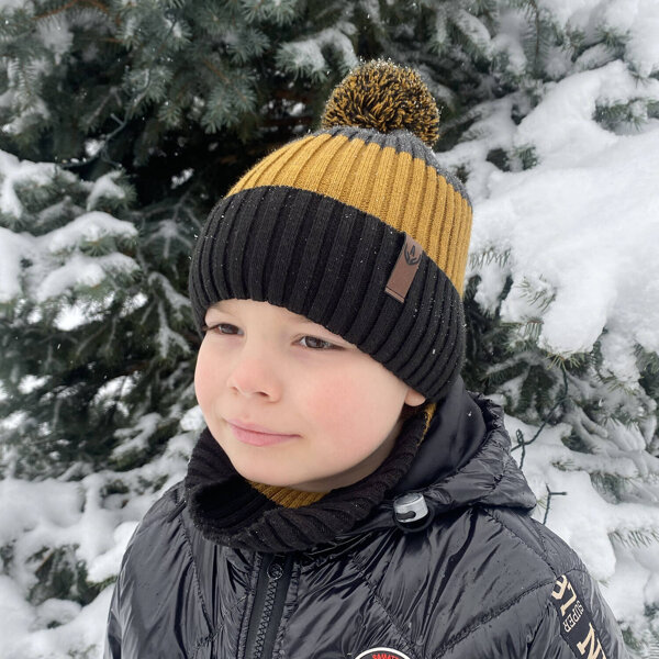 Boy's winter set: hat and tube scarf black Karson with pompom