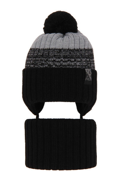 Boy's winter set: hat and tube scarf black Kongo with pompom