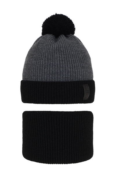 Boy's winter set: hat and tube scarf black Raspi with pompom