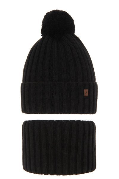 Boy's winter set: hat and tube scarf black Wiliam with pompom