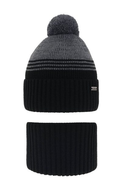 Boy's winter set: hat and tube scarf black with pompom Pallas