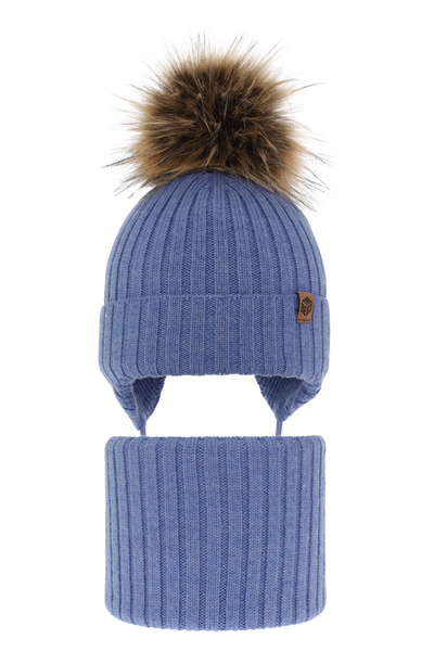 Boy's winter set: hat and tube scarf, blue, 100% extra fine merino wool Juno