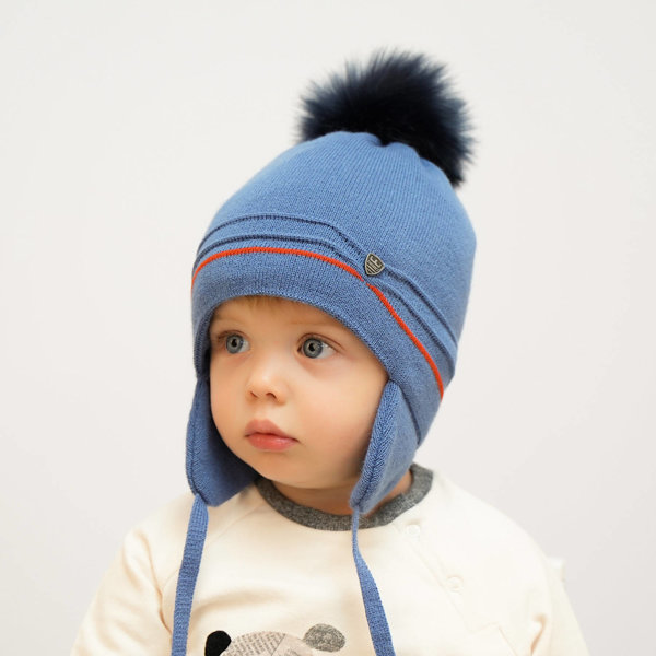 Boy's winter set: hat and tube scarf blue Burgund with pompom