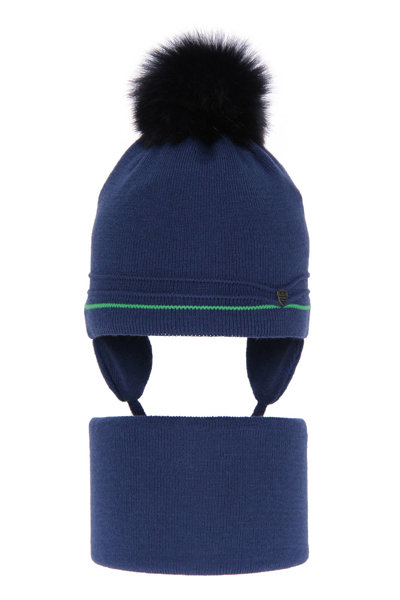 Boy's winter set: hat and tube scarf blue Burgund with pompom