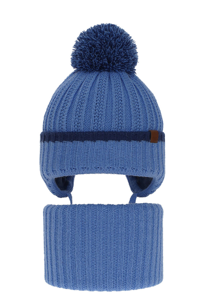 Boy's winter set: hat and tube scarf blue Franklin with pompom