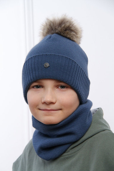 Boy's winter set: hat and tube scarf blue Gryfin with pompom