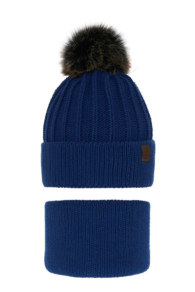 Boy's winter set: hat and tube scarf blue Havier with pompom