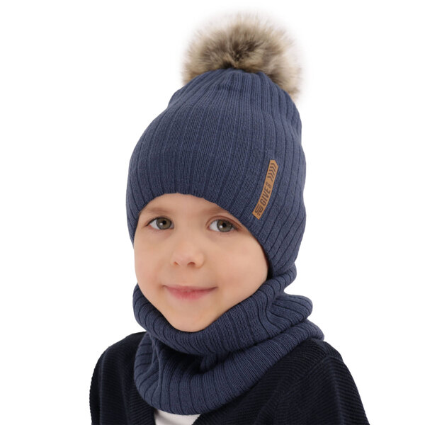 Boy's winter set: hat and tube scarf blue Kalen with pompom