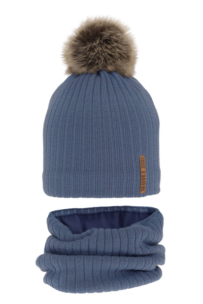 Boy's winter set: hat and tube scarf blue Kalen with pompom