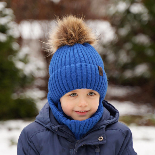 Boy's winter set: hat and tube scarf blue Puzel with pompom