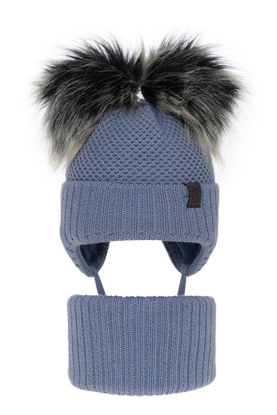 Boy's winter set: hat and tube scarf blue Randel with two pompom