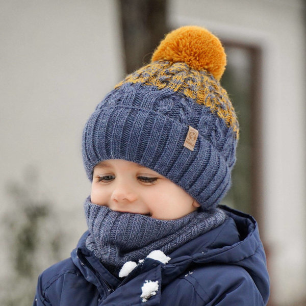 Boy's winter set: hat and tube scarf blue Travis with pompom