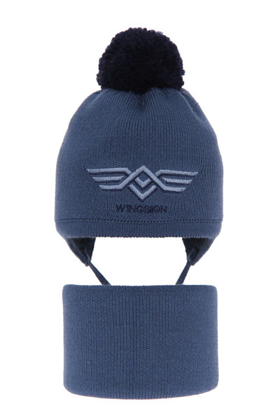 Boy's winter set: hat and tube scarf blue Wings with pompom