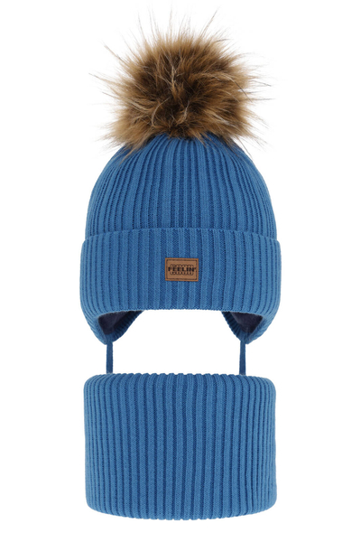 Boy's winter set: hat and tube scarf blue with pompom Eger