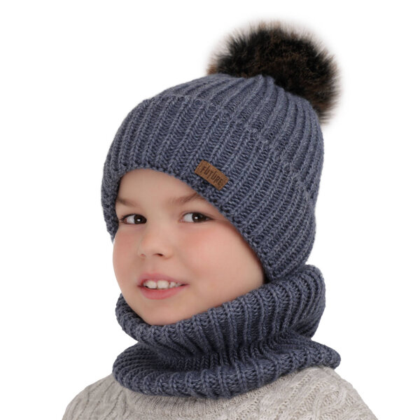 Boy's winter set: hat and tube scarf blue with pompom Wonder