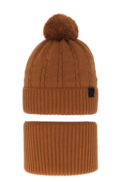 Boy's winter set: hat and tube scarf brown Deny with pompom