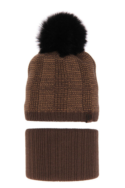 Boy's winter set: hat and tube scarf brown Harison with pompom