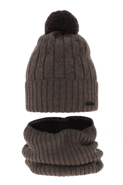 Boy's winter set: hat and tube scarf brown Talar with pompom