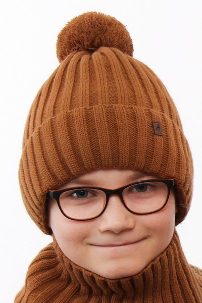 Boy's winter set: hat and tube scarf brown Wiliam with pompom