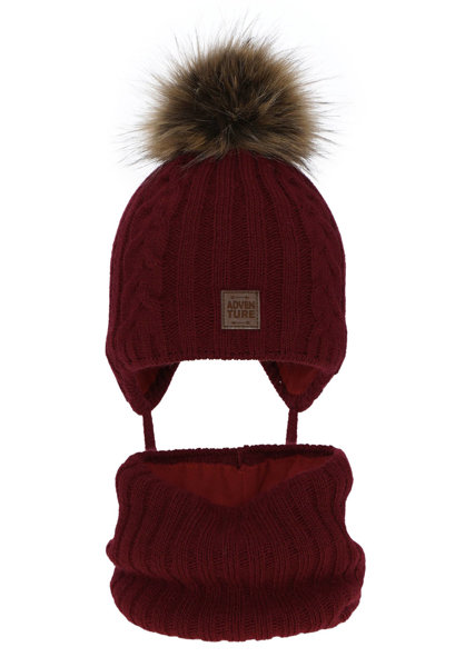 Boy's winter set: hat and tube scarf burgund Casper with pompom