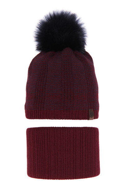 Boy's winter set: hat and tube scarf burgund Harison with pompom