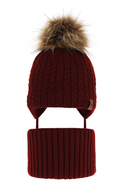 Boy's winter set: hat and tube scarf burgund Indigo with pompom