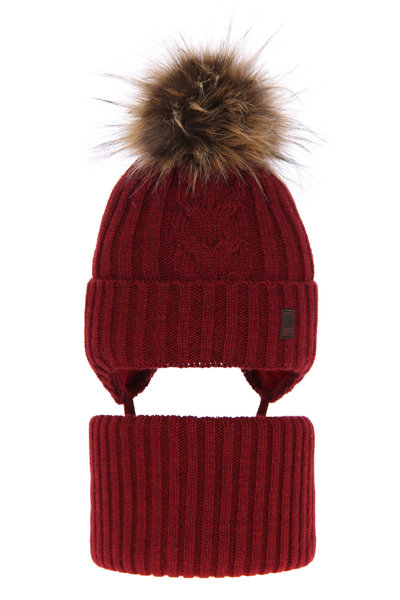 Boy's winter set: hat and tube scarf burgund Kongo with pompom