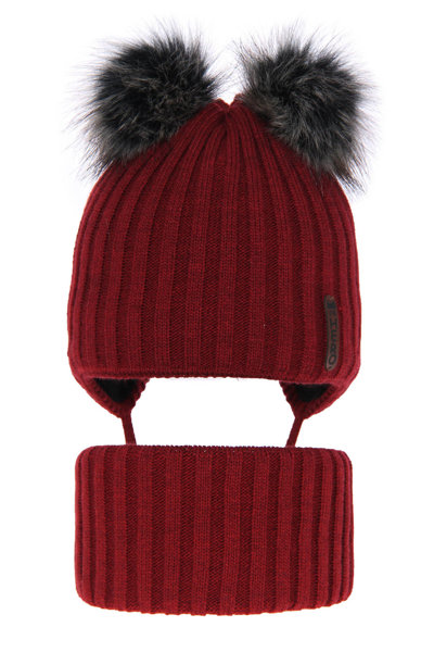 Boy's winter set: hat and tube scarf burgund Sid with two pompom