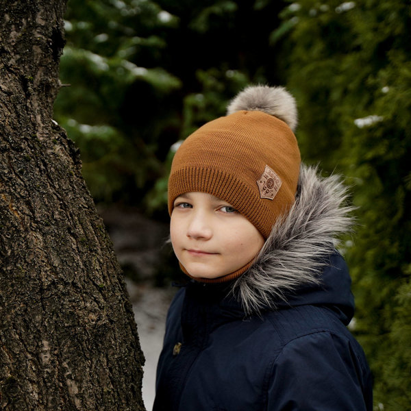 Boy's winter set: hat and tube scarf camel Apolin with pompom