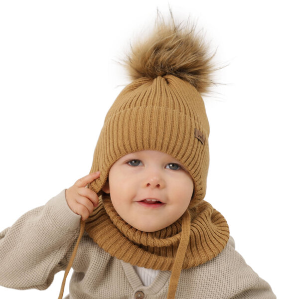 Boy's winter set: hat and tube scarf camel Bergo with pompom