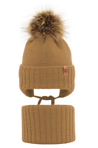 Boy's winter set: hat and tube scarf camel Dominik with pompom