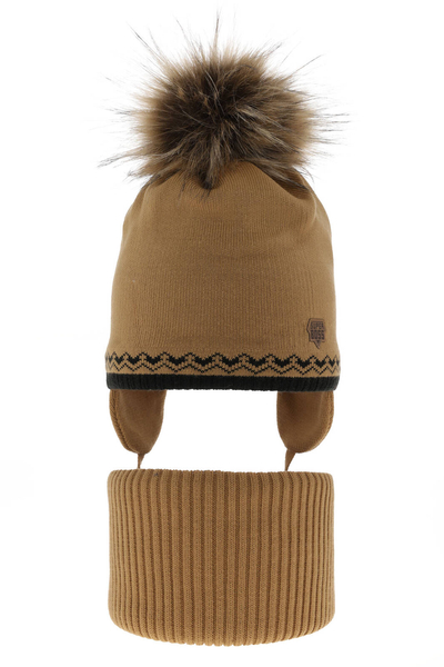 Boy's winter set: hat and tube scarf camel Elpis with pompom