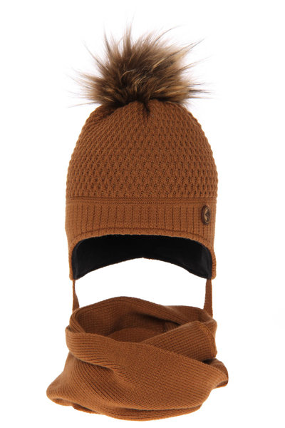 Boy's winter set: hat and tube scarf camel Florek with pompom