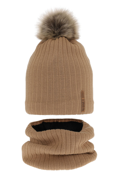 Boy's winter set: hat and tube scarf camel Kalen with pompom