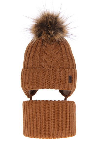 Boy's winter set: hat and tube scarf camel Kongo with pompom