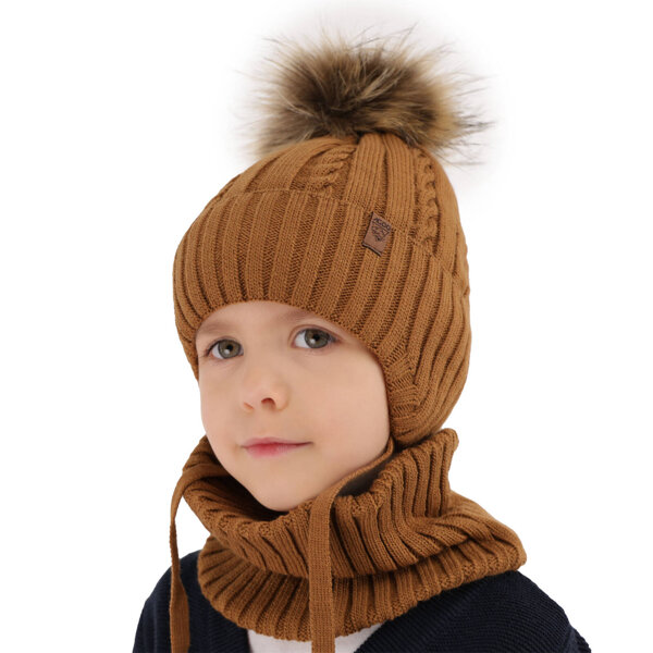 Boy's winter set: hat and tube scarf camel Peter with pompom