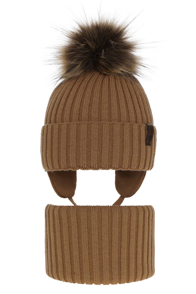 Boy's winter set: hat and tube scarf camel Puzel with pompom