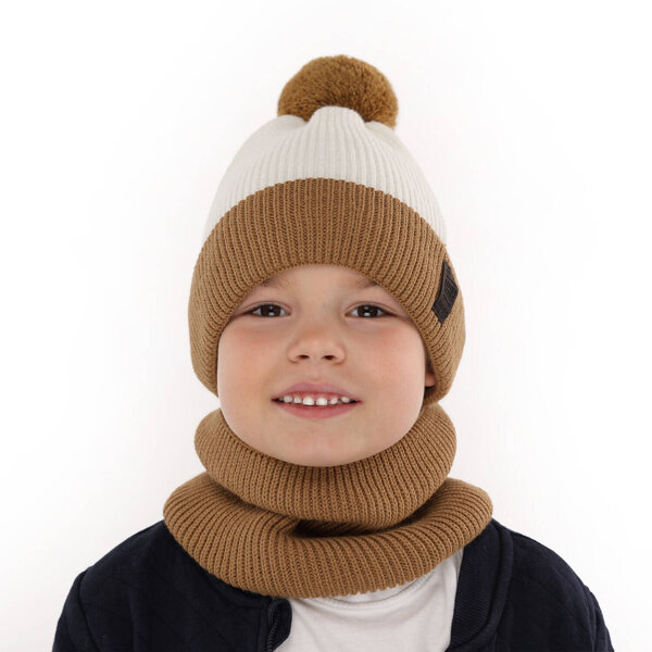 Boy's winter set: hat and tube scarf camel Raspi with pompom