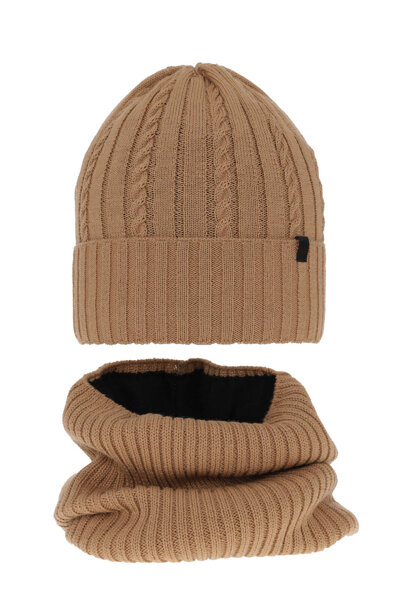 Boy's winter set: hat and tube scarf camel merino wool Kairo